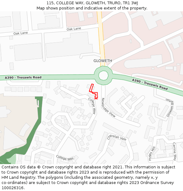 115, COLLEGE WAY, GLOWETH, TRURO, TR1 3WJ: Location map and indicative extent of plot