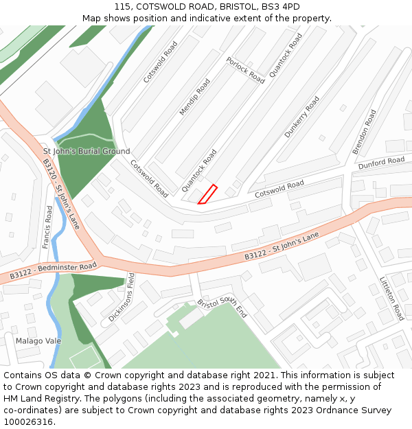 115, COTSWOLD ROAD, BRISTOL, BS3 4PD: Location map and indicative extent of plot