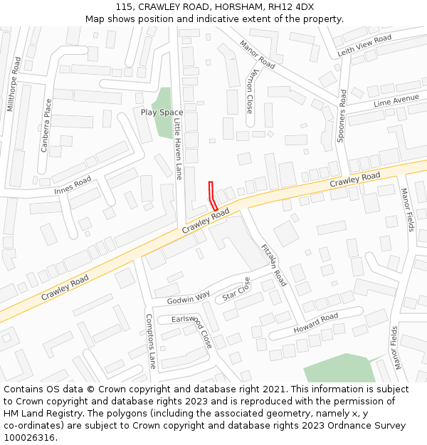 115, CRAWLEY ROAD, HORSHAM, RH12 4DX: Location map and indicative extent of plot