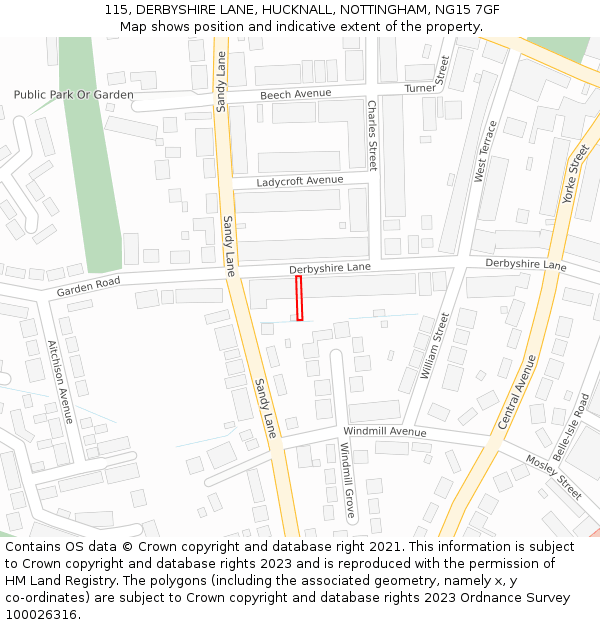 115, DERBYSHIRE LANE, HUCKNALL, NOTTINGHAM, NG15 7GF: Location map and indicative extent of plot