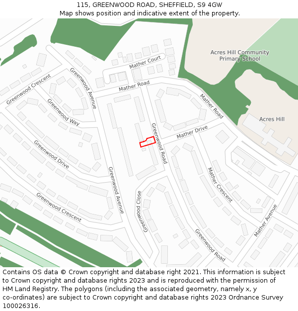 115, GREENWOOD ROAD, SHEFFIELD, S9 4GW: Location map and indicative extent of plot