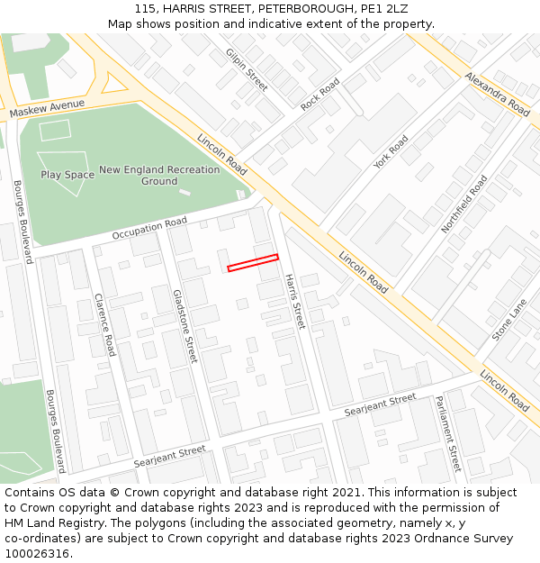 115, HARRIS STREET, PETERBOROUGH, PE1 2LZ: Location map and indicative extent of plot