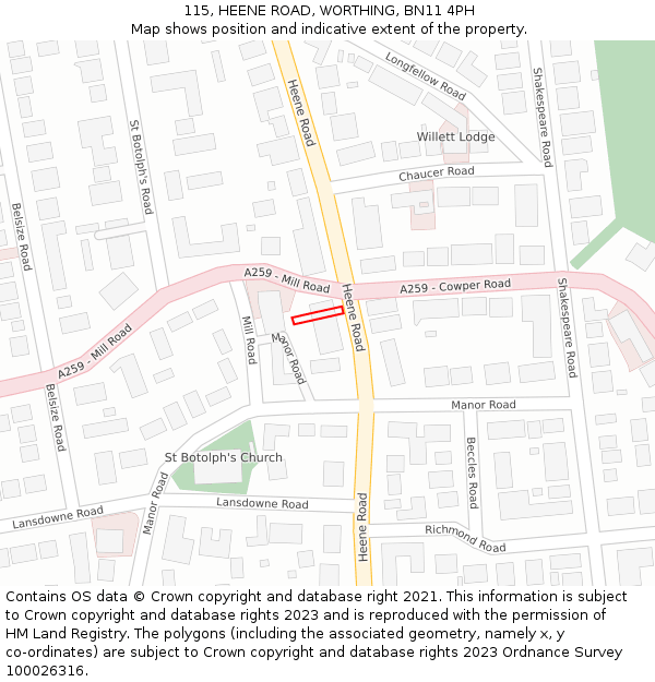 115, HEENE ROAD, WORTHING, BN11 4PH: Location map and indicative extent of plot