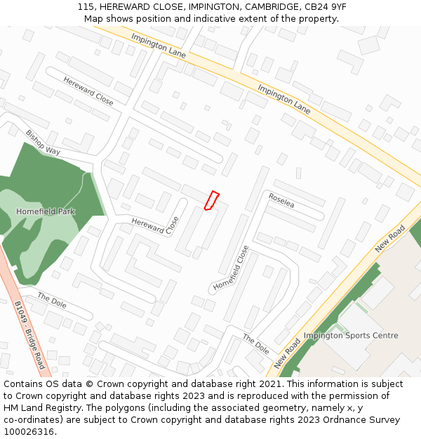 115, HEREWARD CLOSE, IMPINGTON, CAMBRIDGE, CB24 9YF: Location map and indicative extent of plot