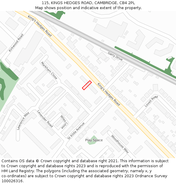115, KINGS HEDGES ROAD, CAMBRIDGE, CB4 2PL: Location map and indicative extent of plot