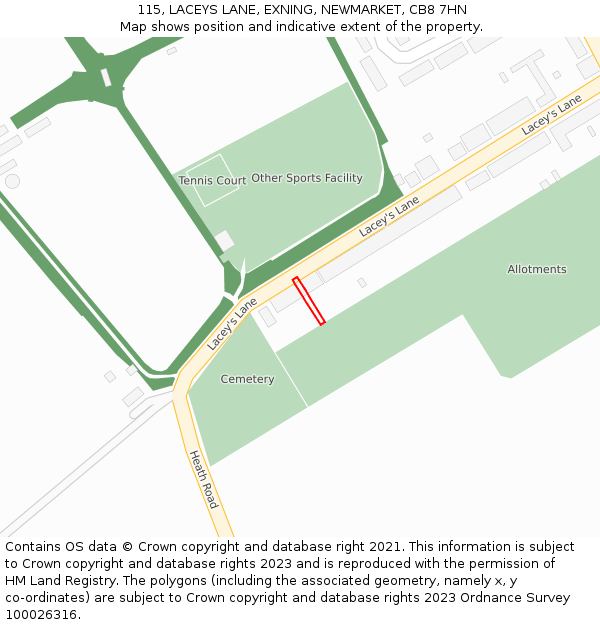 115, LACEYS LANE, EXNING, NEWMARKET, CB8 7HN: Location map and indicative extent of plot