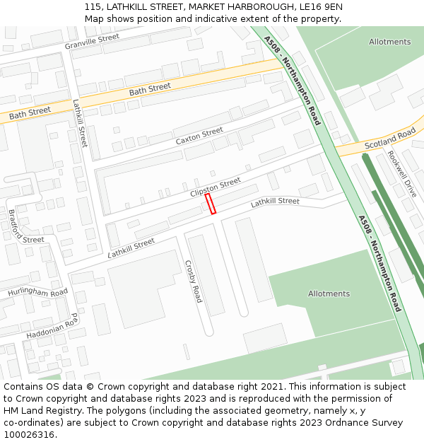 115, LATHKILL STREET, MARKET HARBOROUGH, LE16 9EN: Location map and indicative extent of plot