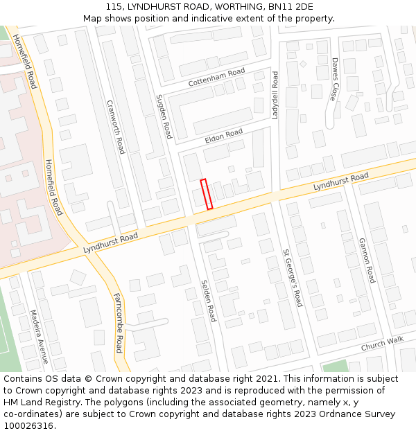 115, LYNDHURST ROAD, WORTHING, BN11 2DE: Location map and indicative extent of plot