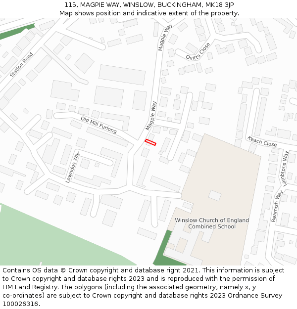 115, MAGPIE WAY, WINSLOW, BUCKINGHAM, MK18 3JP: Location map and indicative extent of plot