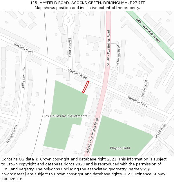 115, MAYFIELD ROAD, ACOCKS GREEN, BIRMINGHAM, B27 7TT: Location map and indicative extent of plot