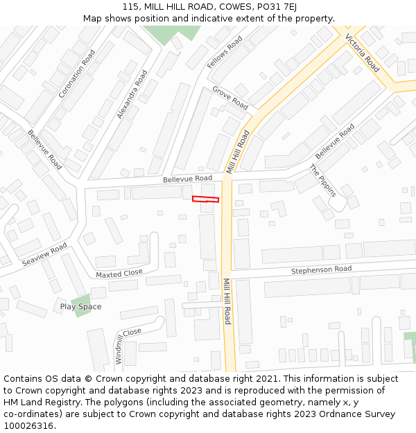 115, MILL HILL ROAD, COWES, PO31 7EJ: Location map and indicative extent of plot