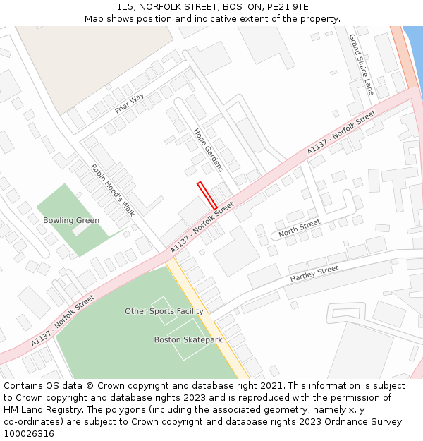 115, NORFOLK STREET, BOSTON, PE21 9TE: Location map and indicative extent of plot