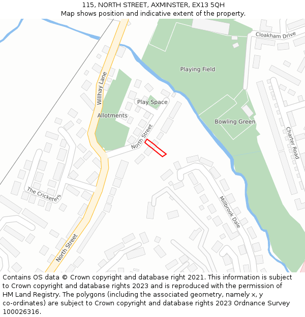 115, NORTH STREET, AXMINSTER, EX13 5QH: Location map and indicative extent of plot