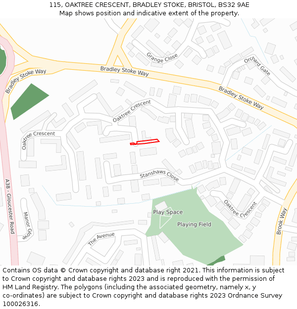 115, OAKTREE CRESCENT, BRADLEY STOKE, BRISTOL, BS32 9AE: Location map and indicative extent of plot