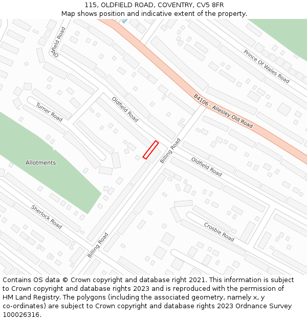 115, OLDFIELD ROAD, COVENTRY, CV5 8FR: Location map and indicative extent of plot