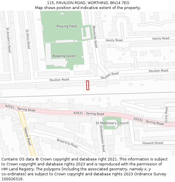 115, PAVILION ROAD, WORTHING, BN14 7EG: Location map and indicative extent of plot