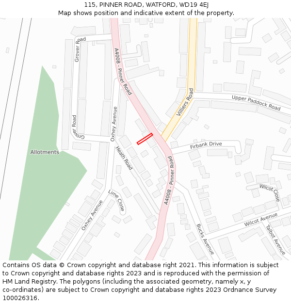 115, PINNER ROAD, WATFORD, WD19 4EJ: Location map and indicative extent of plot
