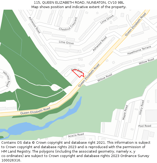 115, QUEEN ELIZABETH ROAD, NUNEATON, CV10 9BL: Location map and indicative extent of plot