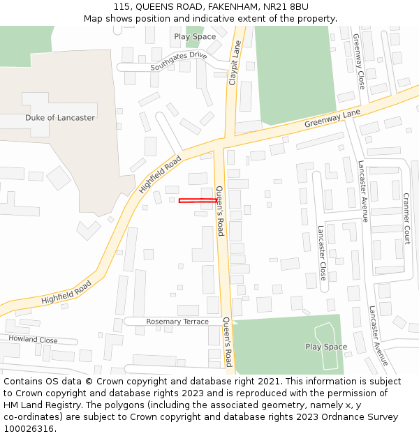115, QUEENS ROAD, FAKENHAM, NR21 8BU: Location map and indicative extent of plot