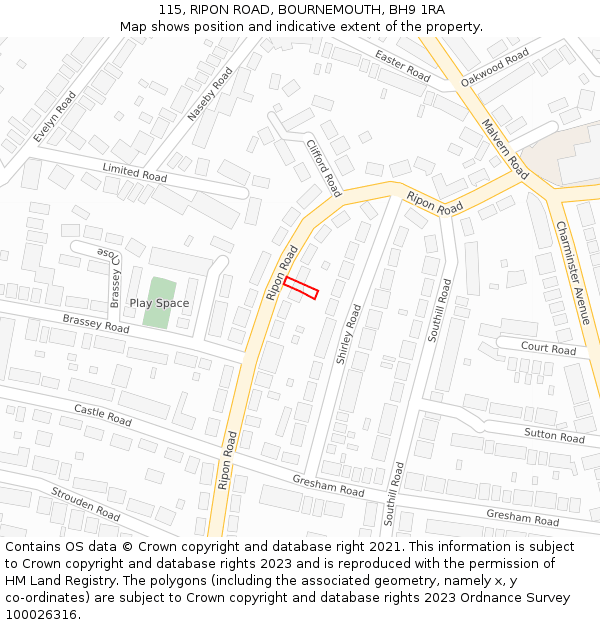 115, RIPON ROAD, BOURNEMOUTH, BH9 1RA: Location map and indicative extent of plot