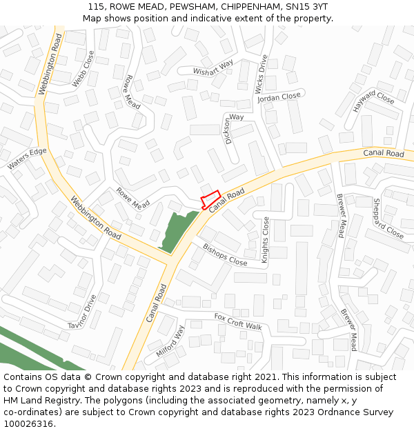 115, ROWE MEAD, PEWSHAM, CHIPPENHAM, SN15 3YT: Location map and indicative extent of plot