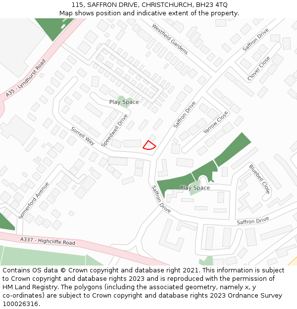 115, SAFFRON DRIVE, CHRISTCHURCH, BH23 4TQ: Location map and indicative extent of plot