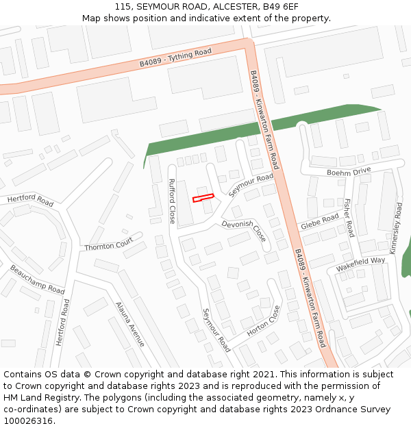 115, SEYMOUR ROAD, ALCESTER, B49 6EF: Location map and indicative extent of plot