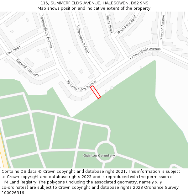 115, SUMMERFIELDS AVENUE, HALESOWEN, B62 9NS: Location map and indicative extent of plot