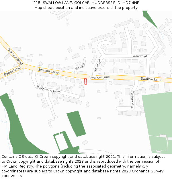 115, SWALLOW LANE, GOLCAR, HUDDERSFIELD, HD7 4NB: Location map and indicative extent of plot