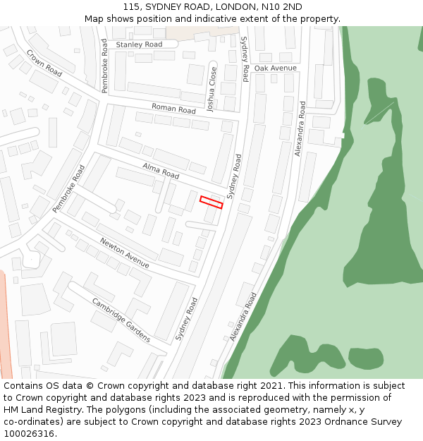 115, SYDNEY ROAD, LONDON, N10 2ND: Location map and indicative extent of plot