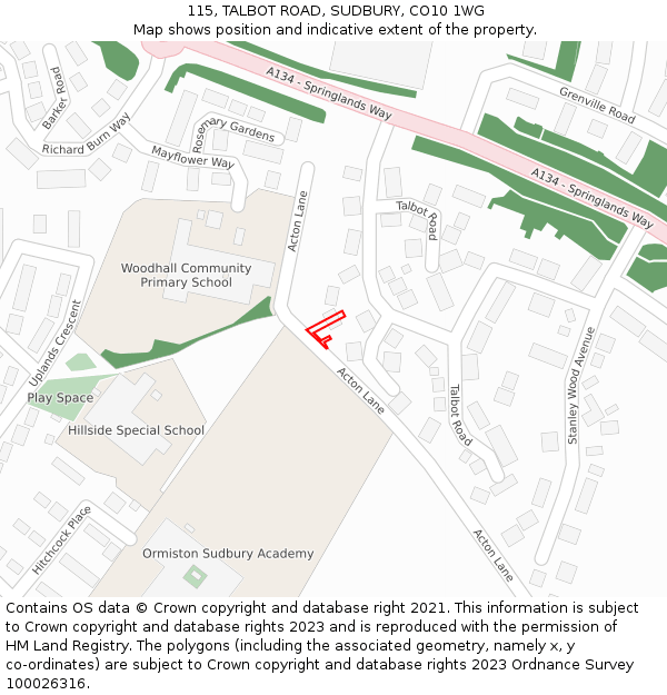 115, TALBOT ROAD, SUDBURY, CO10 1WG: Location map and indicative extent of plot
