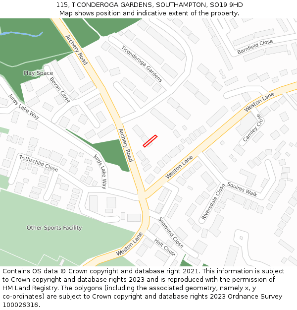 115, TICONDEROGA GARDENS, SOUTHAMPTON, SO19 9HD: Location map and indicative extent of plot