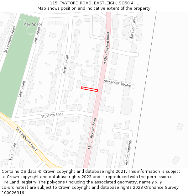 115, TWYFORD ROAD, EASTLEIGH, SO50 4HL: Location map and indicative extent of plot