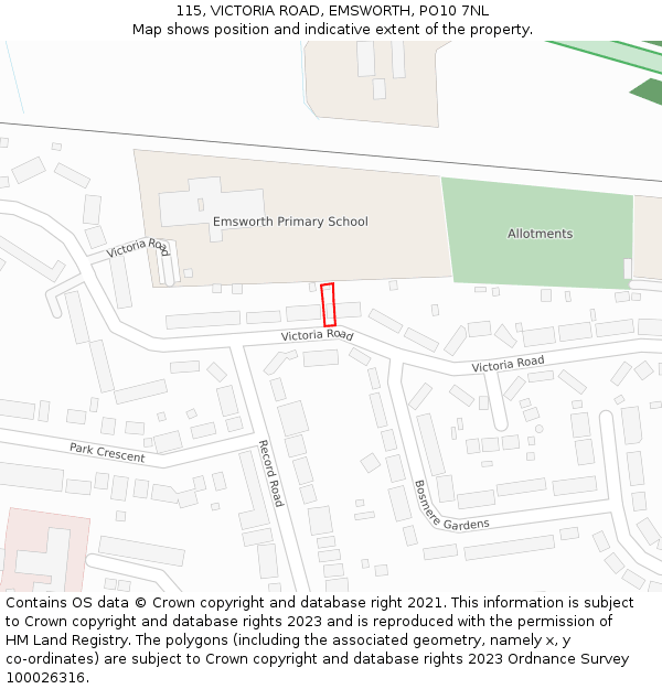 115, VICTORIA ROAD, EMSWORTH, PO10 7NL: Location map and indicative extent of plot