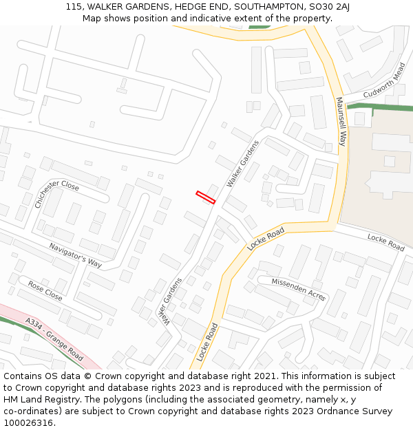 115, WALKER GARDENS, HEDGE END, SOUTHAMPTON, SO30 2AJ: Location map and indicative extent of plot
