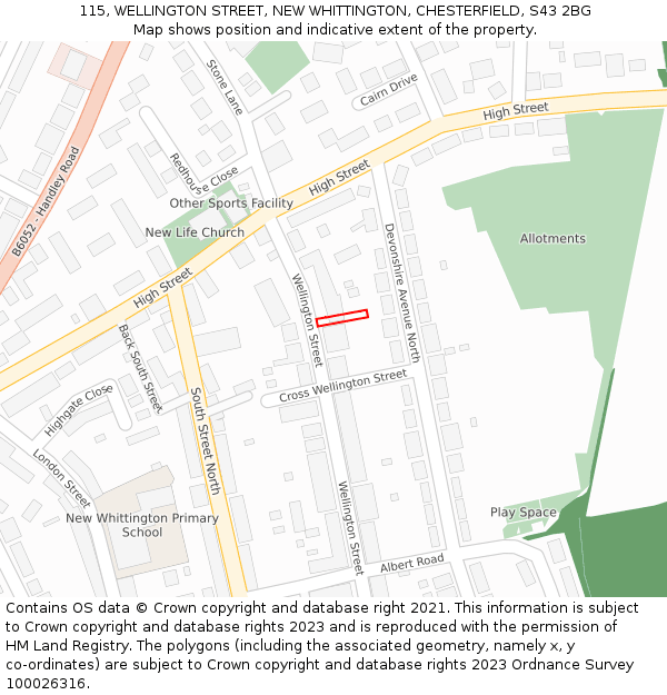 115, WELLINGTON STREET, NEW WHITTINGTON, CHESTERFIELD, S43 2BG: Location map and indicative extent of plot