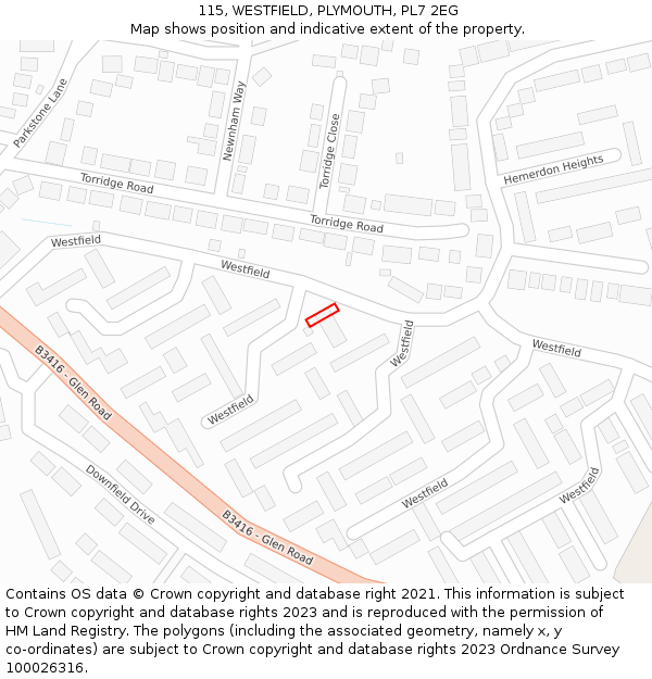 115, WESTFIELD, PLYMOUTH, PL7 2EG: Location map and indicative extent of plot