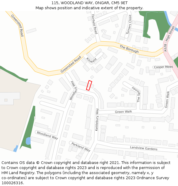 115, WOODLAND WAY, ONGAR, CM5 9ET: Location map and indicative extent of plot