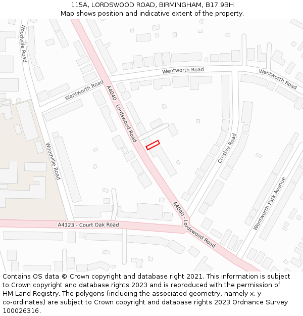 115A, LORDSWOOD ROAD, BIRMINGHAM, B17 9BH: Location map and indicative extent of plot