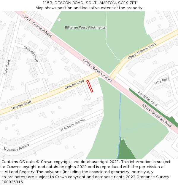 115B, DEACON ROAD, SOUTHAMPTON, SO19 7PT: Location map and indicative extent of plot