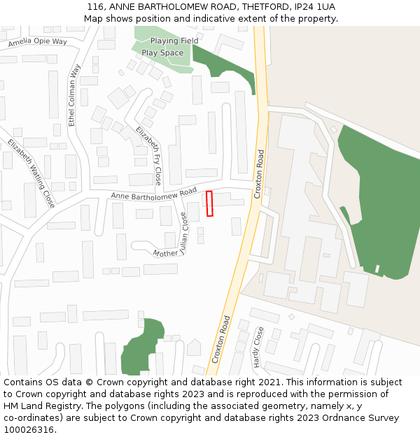 116, ANNE BARTHOLOMEW ROAD, THETFORD, IP24 1UA: Location map and indicative extent of plot