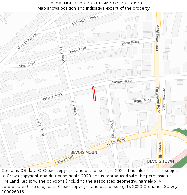 116, AVENUE ROAD, SOUTHAMPTON, SO14 6BB: Location map and indicative extent of plot