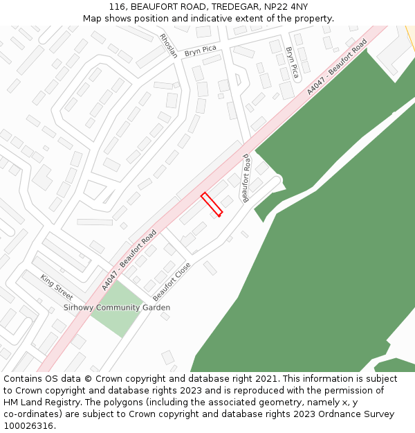 116, BEAUFORT ROAD, TREDEGAR, NP22 4NY: Location map and indicative extent of plot
