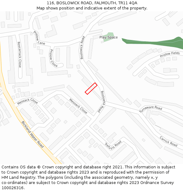 116, BOSLOWICK ROAD, FALMOUTH, TR11 4QA: Location map and indicative extent of plot