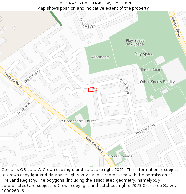 116, BRAYS MEAD, HARLOW, CM18 6PF: Location map and indicative extent of plot