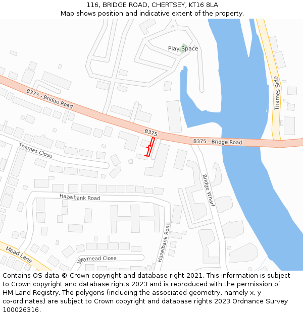 116, BRIDGE ROAD, CHERTSEY, KT16 8LA: Location map and indicative extent of plot