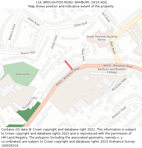 116, BROUGHTON ROAD, BANBURY, OX16 9QQ: Location map and indicative extent of plot