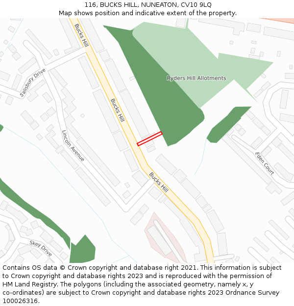 116, BUCKS HILL, NUNEATON, CV10 9LQ: Location map and indicative extent of plot