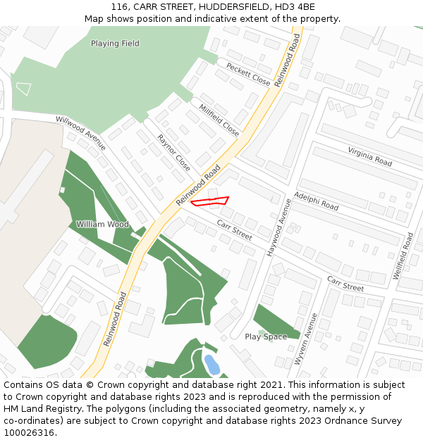 116, CARR STREET, HUDDERSFIELD, HD3 4BE: Location map and indicative extent of plot