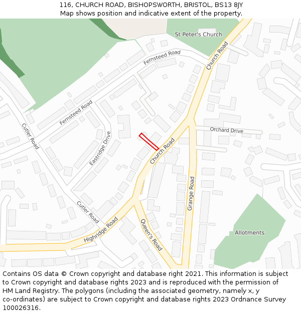 116, CHURCH ROAD, BISHOPSWORTH, BRISTOL, BS13 8JY: Location map and indicative extent of plot
